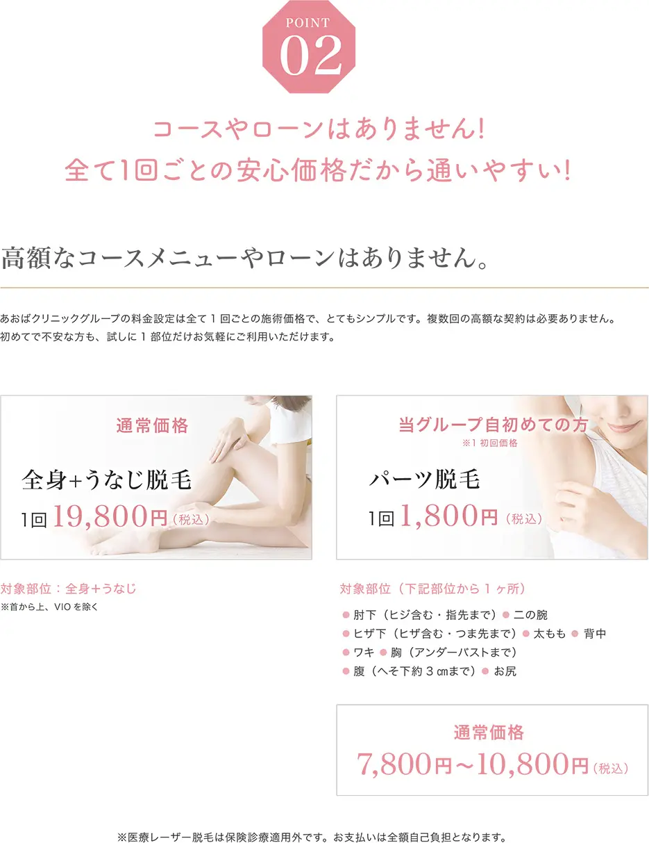 コースやローンはありません！全て1回ごとの安心価格だから通いやすい！